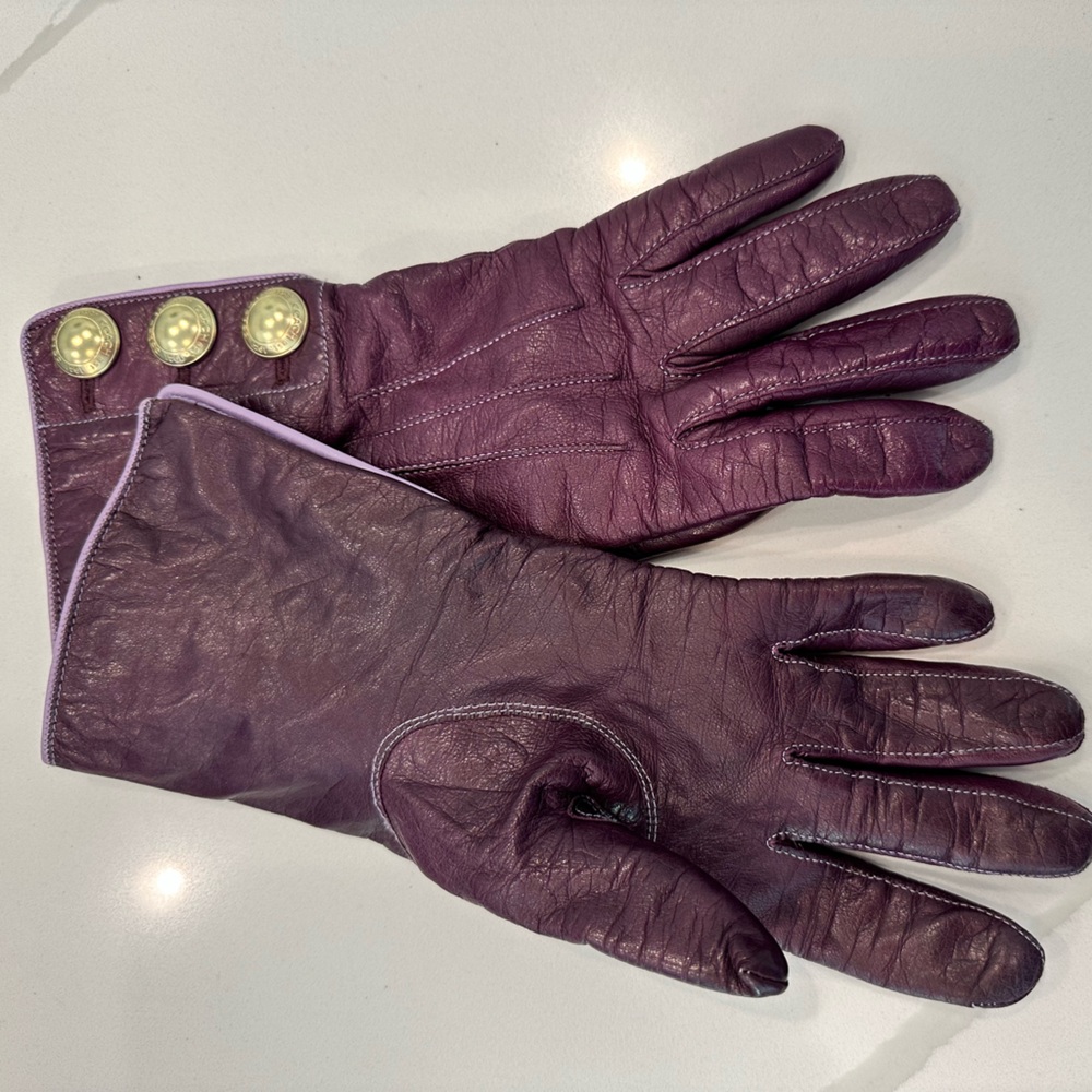 Coach Cashmere Lined Leather Gloves with Brass Buttons